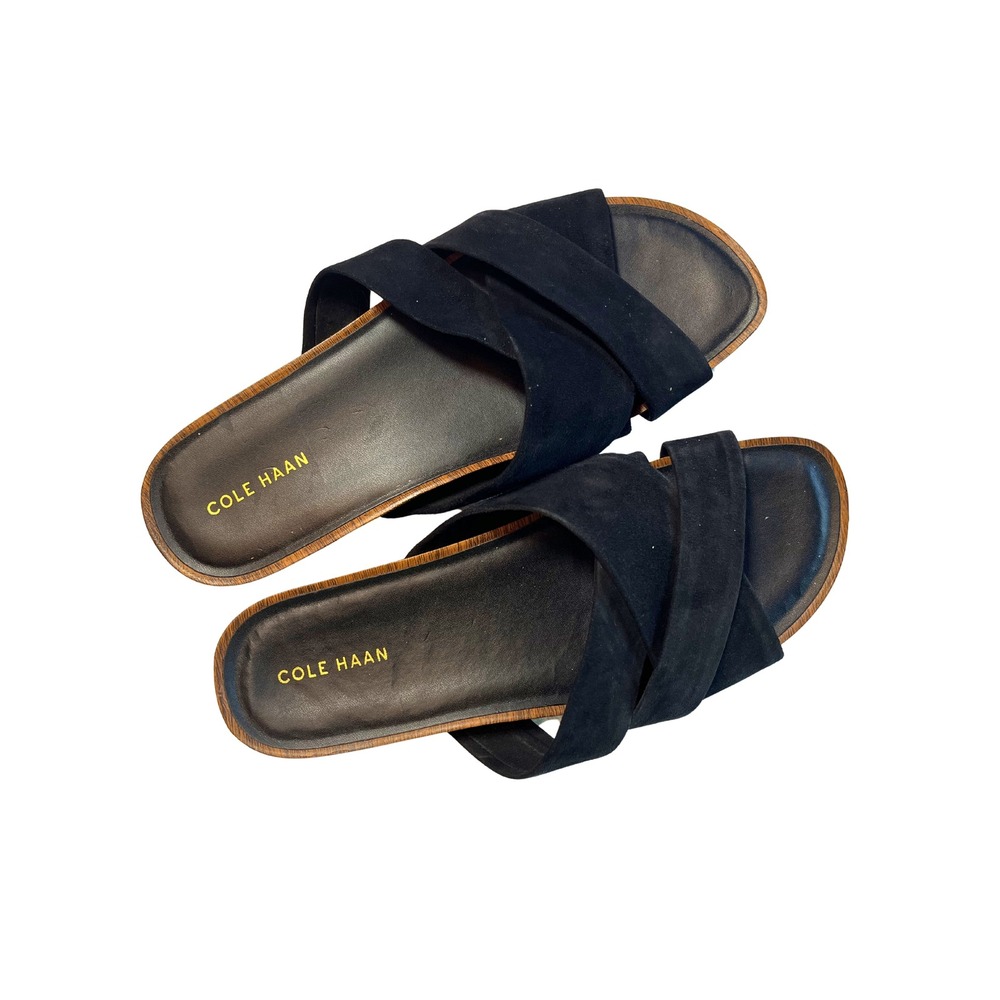 Cole Haan Black Suede Sandals Size 8B Crisscross Slides Minimalist Boho Chunky